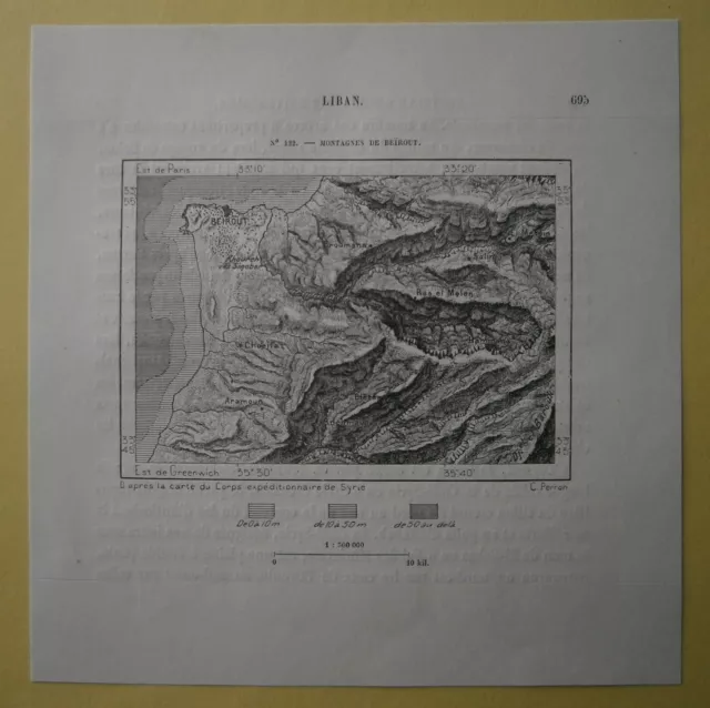 1884 Perron map BEIRUT WITH MOUNTAINS, LEBANON, #122
