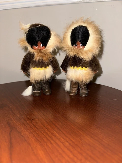 2 VINTAGE 1960s Regal Eskimo Inuit Dolls  Real Leather & Fur Made in Canada Cute