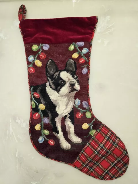 Christmas Stocking French Bull Dog Needlepoint Wool  Velvet Red Backing