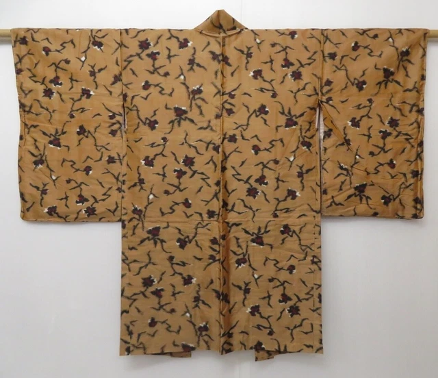 1502T08z410 Vintage Japanese Kimono Silk LONG MEISEN HAORI Light brown