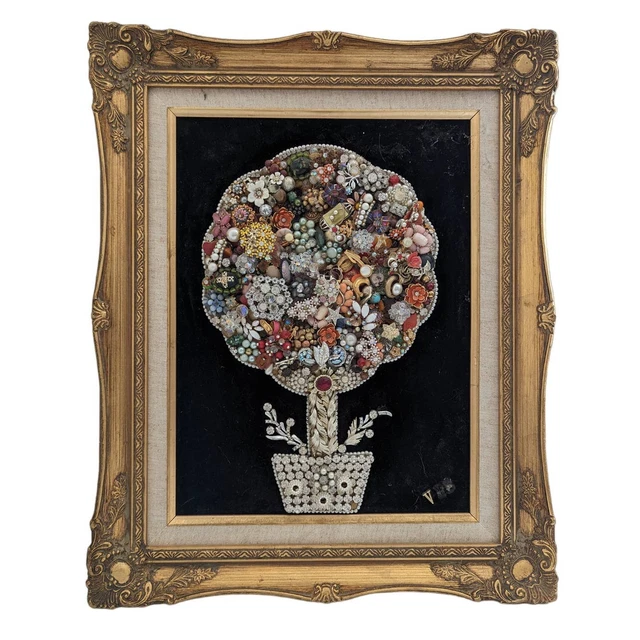 Vintage Professionally Framed Jewelry Art Tree 17" x 21" Beautiful