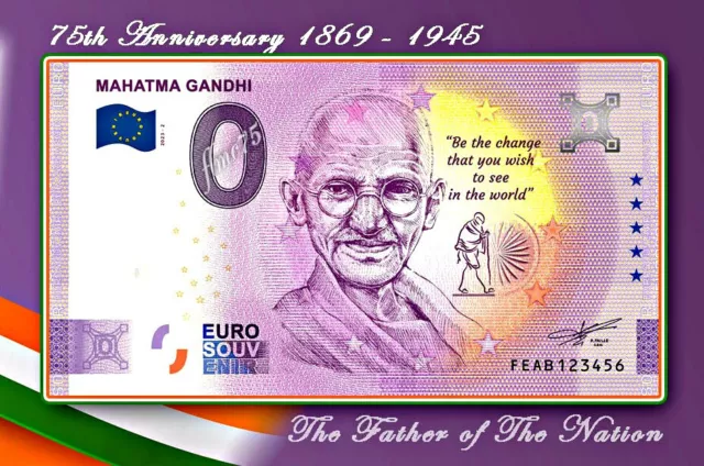 0 Euro Souvenir Mahatma Gandhi 2023 FEAB 75th Anniversary 1869-1945 Encart UNC