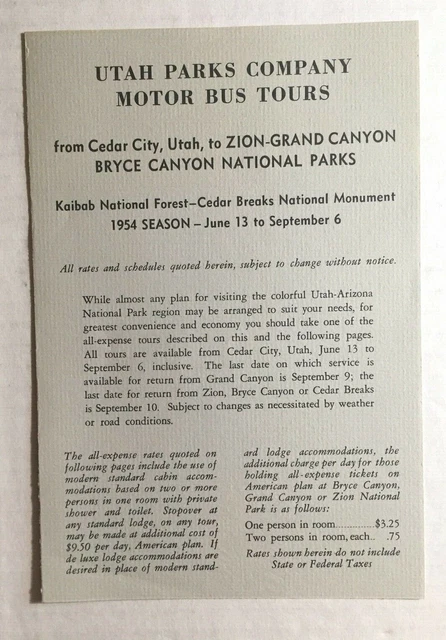 1955 UTAH PARKS COMPANY MOTOR BUS TOURS Zion-Grand Canyon Bryce Canyon Park B2BA