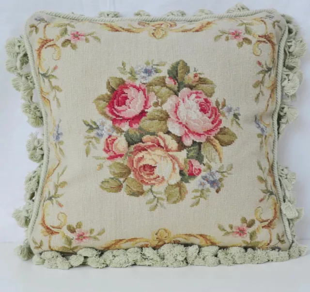 Wool Needlepoint Pillow Cover | Bouquet of Roses Cushion Pillowcase 16x16