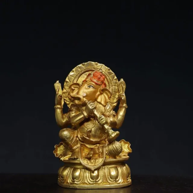 5.9" Old Tibetan Buddhism temple Bronze gilt Elephant trunk God of wealth statue