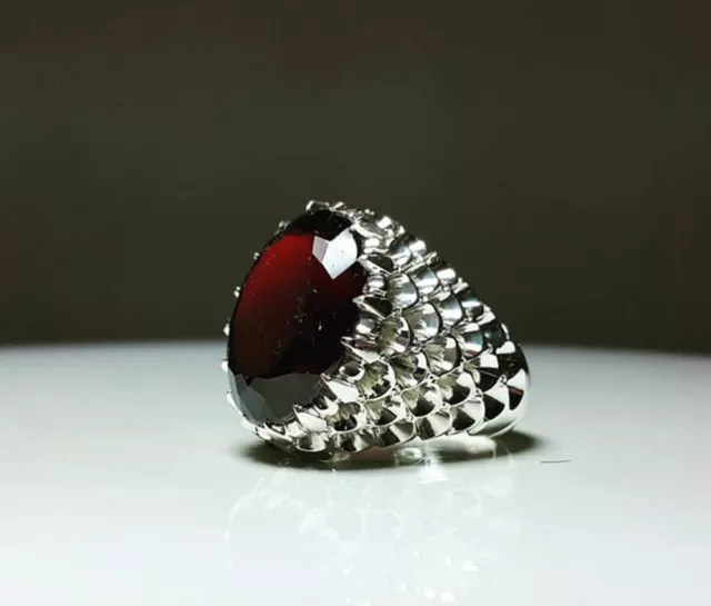 Solid 925 Sterling Silver Natural Red Garnet Cut Gemstone Bohemian Men's Ring