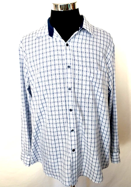 Tasso Elba Dress Shirt Mens Size XL 17-17.5 Blue White Check Cotton Button Front