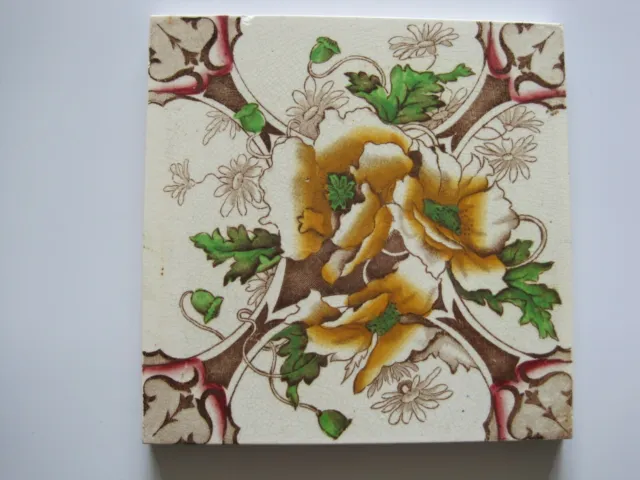 ANTIQUE VICTORIAN H A OLLIVANT PRINT AND TINT WALL TILE - GOLD FLOWERS c1893