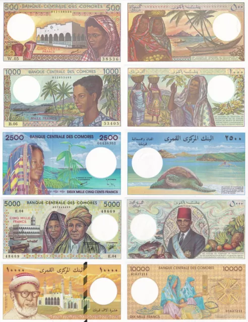 Comoras 500-10000 Francos ND (1984-2005) P 10b(2) 11b(2) 12b 13 14 UNC Set 5 Sin Reserva