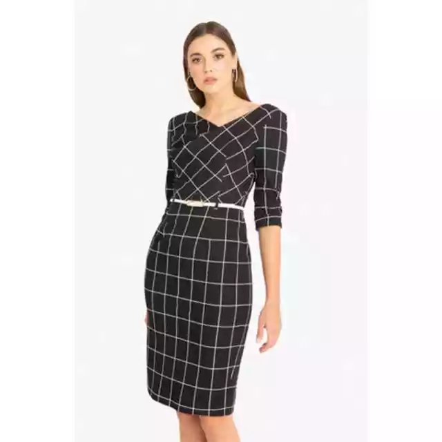 Black Halo Women's Checkered 3/4 Sleeve Jackie O Sheath Dress Size 10 NWOT
