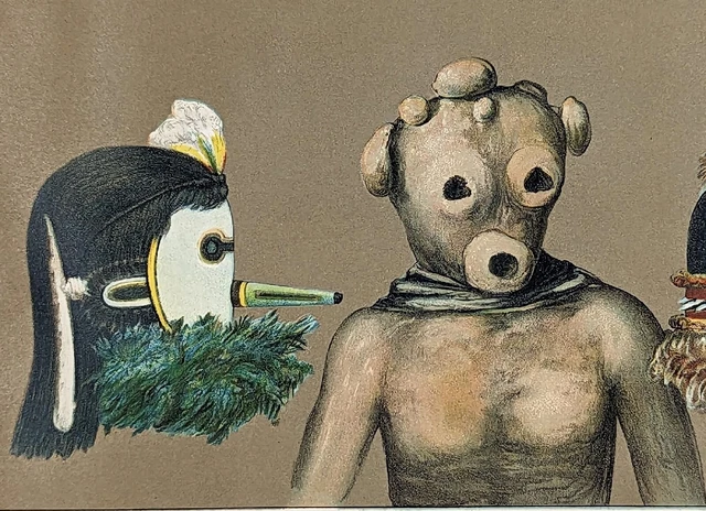 1885 Zuni Kachina Masks Mud head Lithograph Native American Ko-Ye-Me-Shi