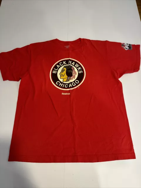 REEBOK NHL Mens Large Chicago Blackhawks Retro Logo Printed Red T Shirt 09’