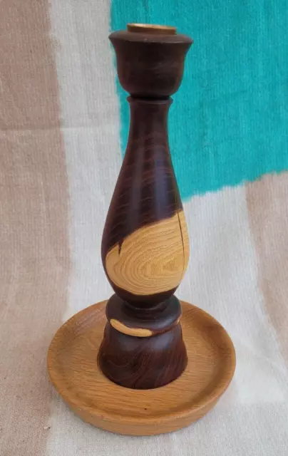 Wooden light dark oak ? turned Candlestick Candle Holder 25cm tall