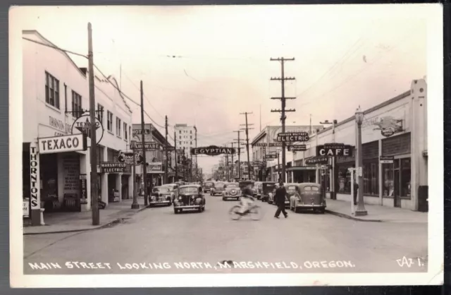 Antique 1940'S Rppc Real Photo Main Street Looking North Marshfield Oregon