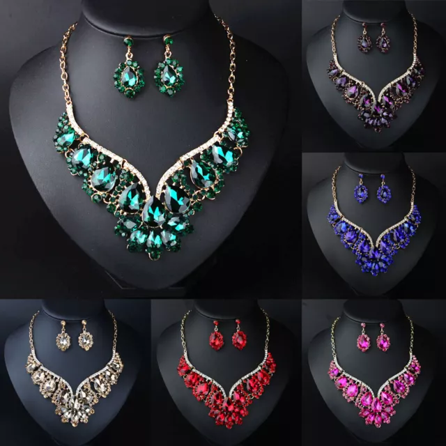 Fashion Crystal Choker Bib Necklace Earrings Women Statement Jewelry Set Party