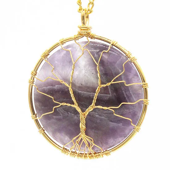 Natural Healing Crystal Quartz Wire Wrap Round Tree of Life Chakra Stone Pendant