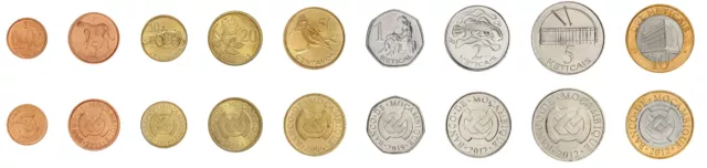 Mozambique 1 centavo - Juego de 10 Meticais de 9 piezas, 2006-2019, km #132-140, como nuevo