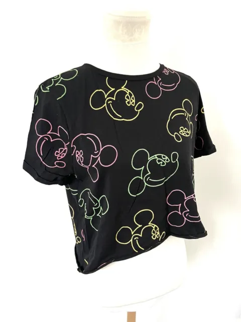 Micky Mouse Black T-shirt Neon Bright Print Cropped Baggy Disney Festival 12 14
