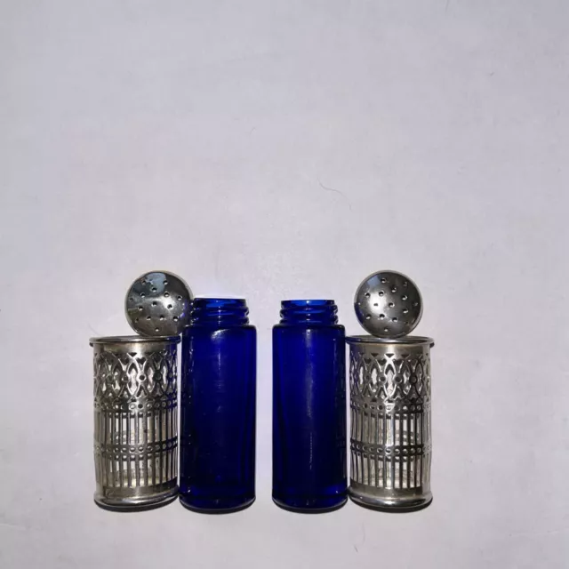 vintage webster cobalt blue glass salt & pepper set sterling silver marked 3