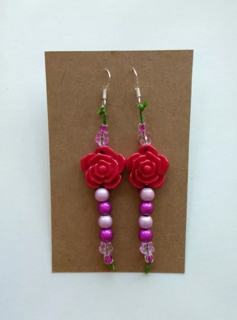 Handcrafted Artisan Dangly "Bed of Roses" Flower Earrings, Sterling Silver Hooks