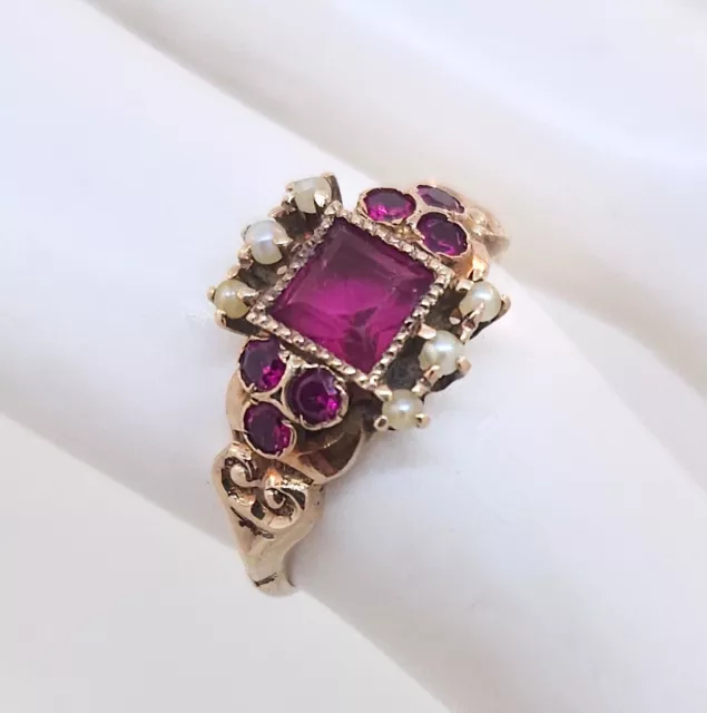 Antique victorian 1800's 10k Rose Gold Synthetic Ruby & Seed Pearl Ring