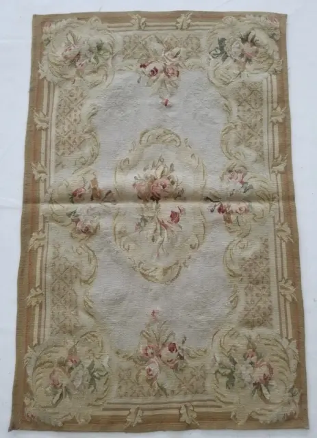 Antique French Needle Point Aubusson Floral Multicolor Wool Rug Carpet 122x78cm