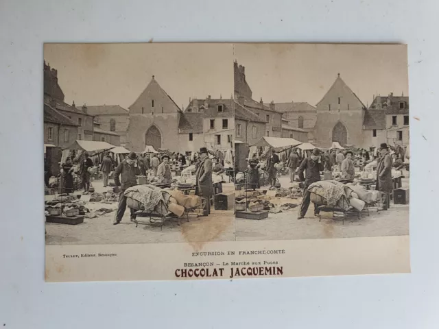 CPA publicitaire marché aux puces BESANCON offert par chocolat JACQUEMIN.