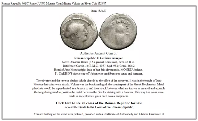Roman Republic 46BC Rome JUNO Moneta Coin Minting Vulcan on Silver Coin i52487 3