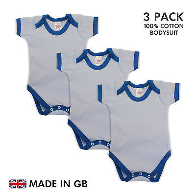 Baby Bodysuit 3 PACK Sky Blue/Royal Trim Blank Babygrow Vest Short Sleeve UK