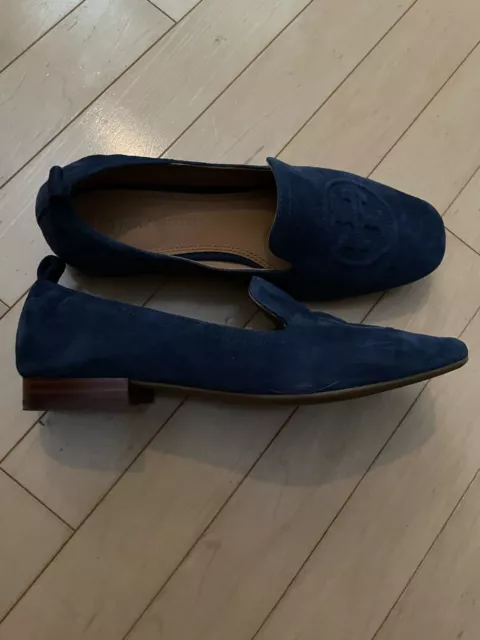 Tory Burch Leigh Loafer Ballet Flat Blue Silk Suede Shoes EUC Sz 36 6 5.5