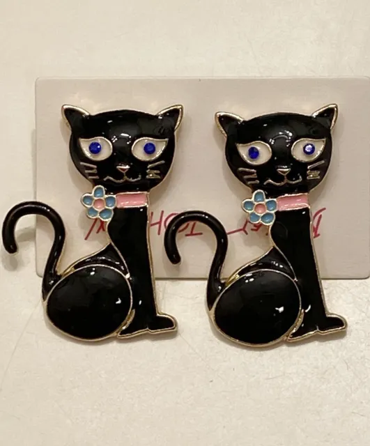 Betsey Johnson Rhinestone Black Glaze VERY RARE Cat Stud Earrings NWT