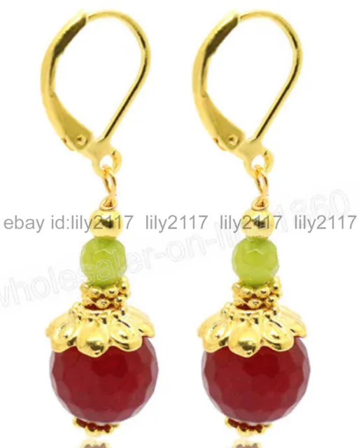 Genuine 12mm Red Faceted Jade +6mm Olivine Gemstone Gold Plated Dangle Earrings