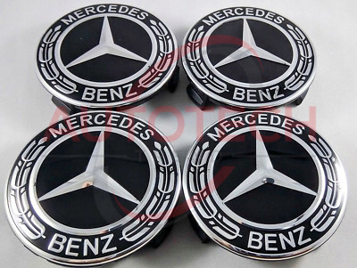 Set of 4 Mercedes Benz Wheel Center Caps Black/Dark Blue/Silver 75MM AMG Wreath