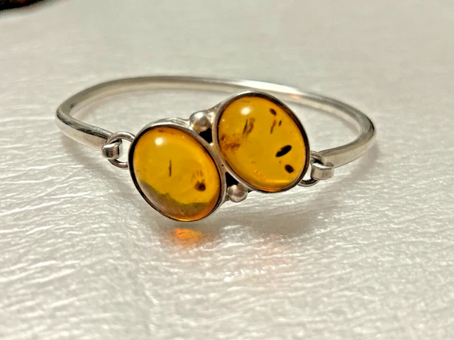 Bracelet Manchette Ethnique En Argent 925 Massif Avec Cabochons D'ambre Orange - Occasion Très Bon état