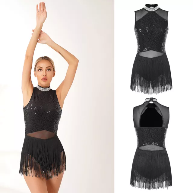 Women's Dance Dress Glitter Fringe Sequins Tassel Latin Jazz Leotard Bodysuit