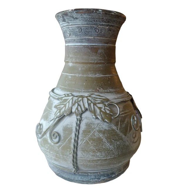 Handmade Clay Pottery Vase 9" Tall by 7" Wide. Wrapped In Decorative Metal Palm