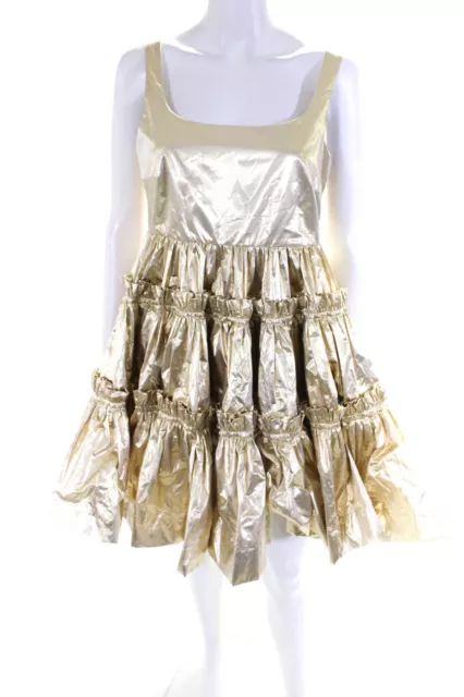 Molly Goddard Womens Lame Gathered Tiered Strap Dress - Gold Size 10