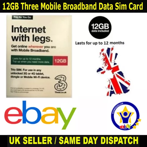 12GB Pre-loaded Data SIM Card Three Pay-As-You-Go For Mobile Broadband Devices