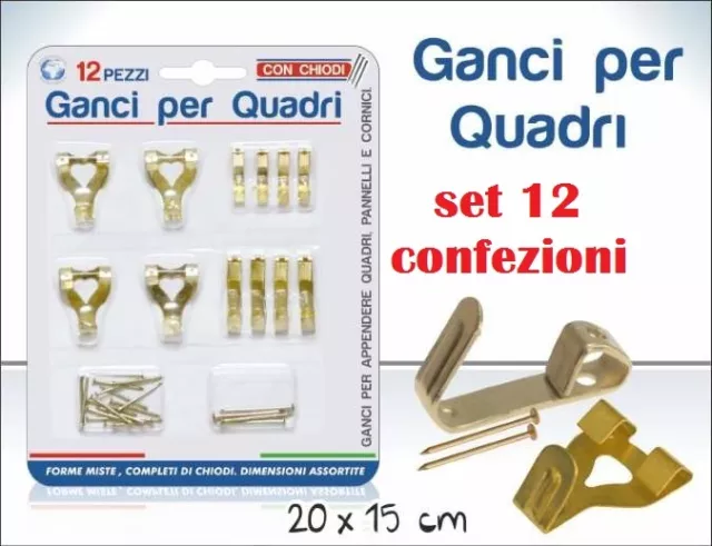 Trade Shop - Set 20 Pezzi Ganci Gancetti Appendi Quadri Cornici Ottone  Dorato 10 X 23 Mm