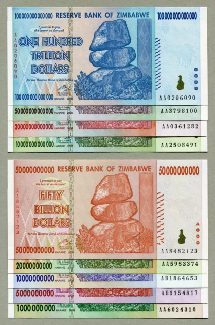 Simbabwe 100 Trillion bis 1 Billion Dollar 2008 voller Satz. UNC. 9 Banknoten.