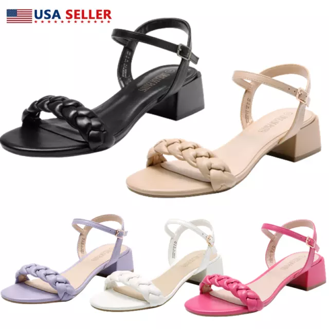 Women Low Chunky Block Heel Ankle Strap Open Toe Comfort Dress Heel Sandals