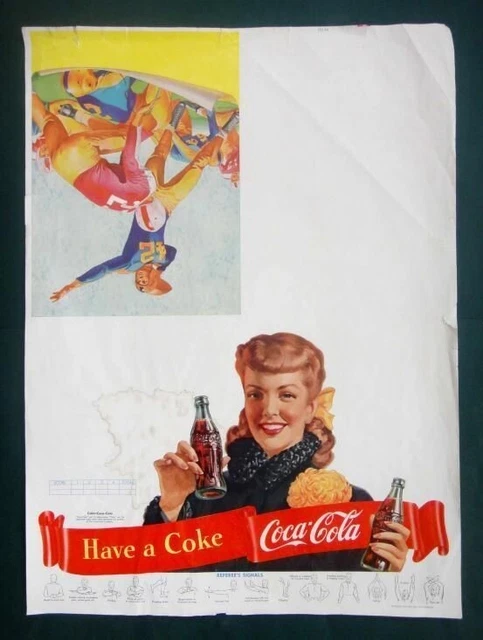 1950s vintage original COCA COLA COKE FOOTBALL poster SCORE uniform girl bottle