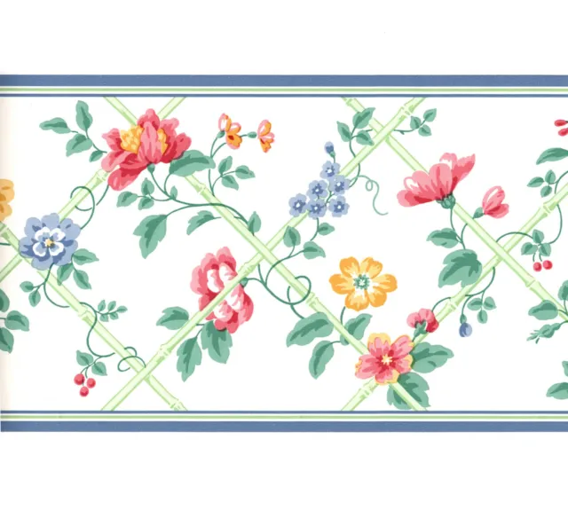 Blue Green Bamboo Lattice Red Yellow Rose Vine Floral Flower Wall paper Border