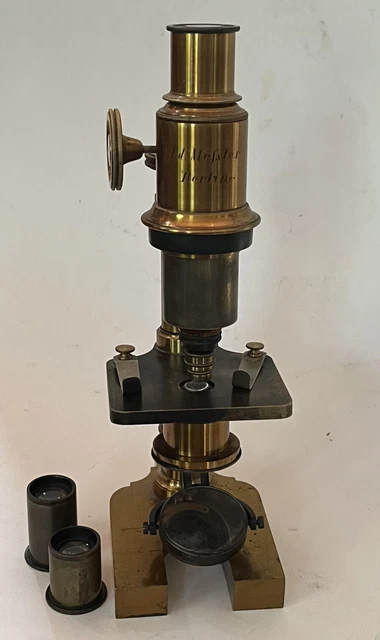 Antique Brass Microscope Ed Messter Berlin With Extra Objective Lens Eyepiece Antique Brass Microscope Ed Messter Berlin With Extra Objective Lens Eyepiece