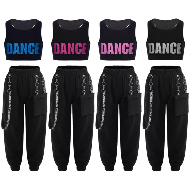 Kids Girls Tracksuits Crop Top with Sweatpants Set Hip-hop Jazz Street Dancewear