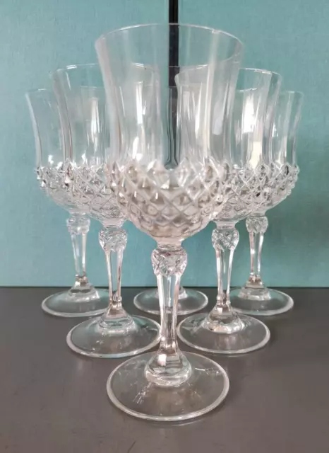 6 verres à pied, cristal d'arques, Longchamp, 1980
