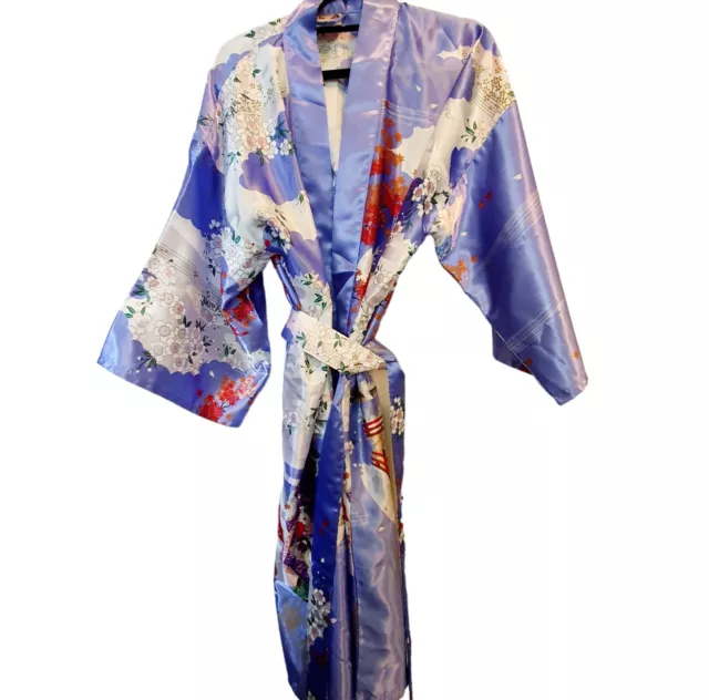 Vintage Made in Japan Robe Kimono Dressing Gown Purple Satin Geisha 12-14 Floral