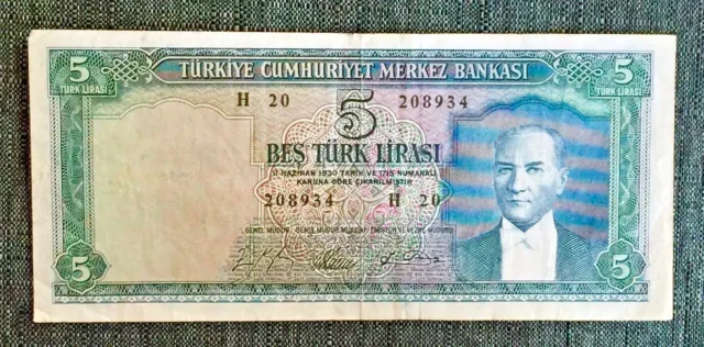 Turkey 5 Lirasi Lira, P174 Vf+ 1930 (1965) Ataturk Banknote