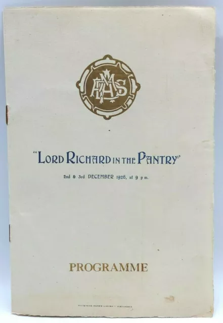 1926 Lord Richard In the Pantry Theatre Programme Alexandria Alhambra theatre