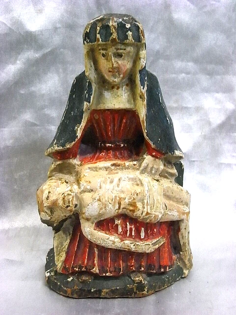 Statue Sainte Vierge De Pitié Marie Christ Sculpture Religieuse Bois Polychrome